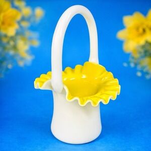 Vintage 1950 Fenton Art Glass Yellow Overlay Basket Ruffled Edge #1924 5" Rare